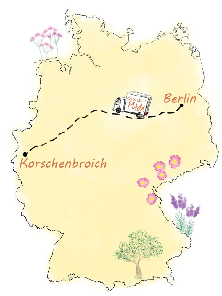 Illustrierte Umrisse von Deutschland, mit Berlin und Korschenbroich eingezeichnet.