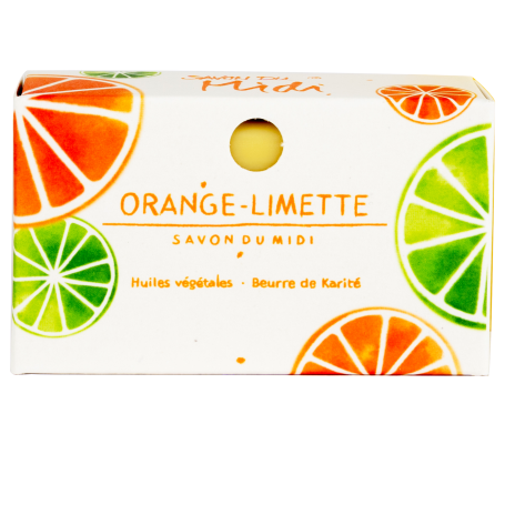 Pappverpackte Orange-Limette Seife von Savon du Midi.